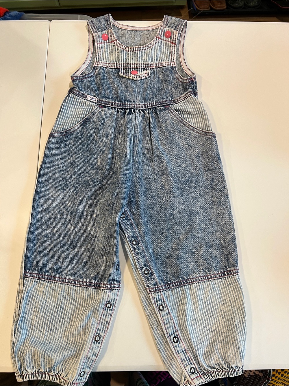 Lee - 4T, Light Blue Denim Romper, Pink Stitching Detail, stripes